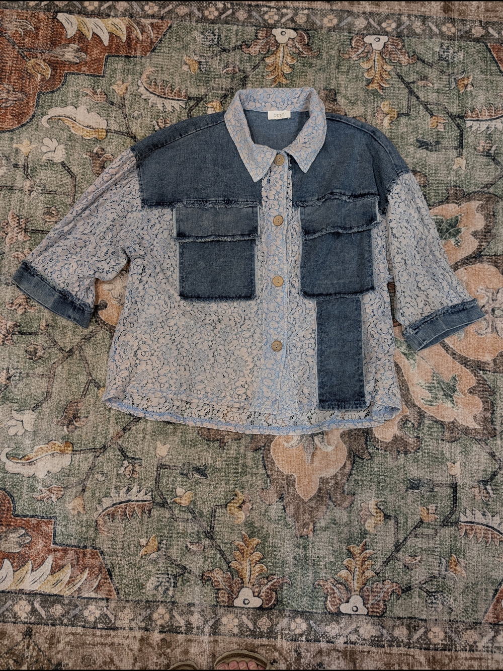 ODDY Denim & Lace Patchwork Jacket in Light Blue and Dark Blue